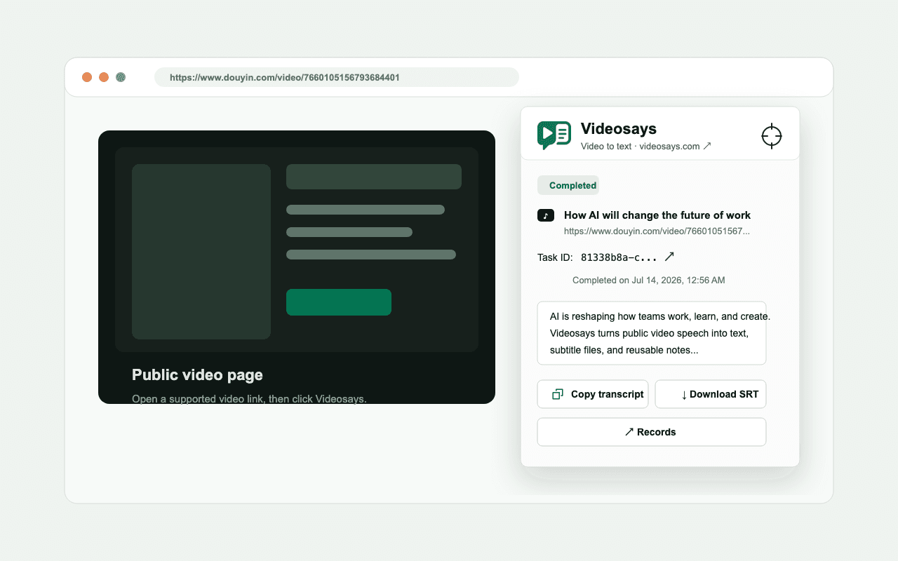 Videosays video transcript Chrome extension interface